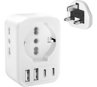 UK Plug Adapter,7 in 1 European/Italy/French to UK Plug,Adapter with 3 European Socket,2 USB C and 2 USB A,Type G Adapter for England,Ireland,Dubai,Maldives