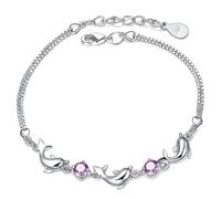 UKCOCO Bracelet Dauphin en Améthyste Naturelle 100% Cuivre Plaqué Argenté Blanc Ajustable Bijou Océan Féminin pour Adolescentes Présent Anniversaire Petite Amie Symbole Protection et