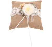 UKCOCO Coussin Porte-Alliances Rond en Toile de Jute Beige avec Dentelle Vintage Coussin Décoratif Floral pour Mariage Accessoire Cérémonie et Présentation Bagues 15 CM Style