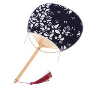 UKCOCO Éventail Rond Double Face en Tissu Bleu Marine à Motifs Aléatoires avec Manche en Bambou et Pompon, Ventilateur à Main Japonerie Léger et Portable, Décoration et Présent