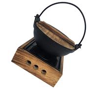 UKCOCO Japanese Hot Pot Cast Iron Sauce Pot Old Style With Wooden Stand Non Stick Cookware For Outdoor Camping And Stewing Small Traditional Donabe For Backpacking