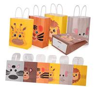 UKCOCO Lot de 24 Paquet Présents en Papier Kraft Animaux pour Anniversaire d'Garçon et Filles 21 X 15 X 8 CM Poignées pour Fête Utilisation Polyvalente Motifs de Jungle