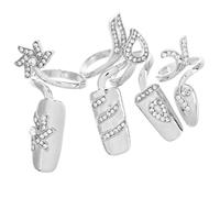 UKCOCO Lot de 4 Bagues à L’ongle en Alliage Argenté Strass, Taille Ajustable, Accessoires Nail Art pour Ongles de L’annulaire, Décorations Élégantes pour Manucure à Domicile ou Soirée