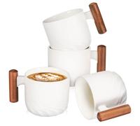UKCOCO Lot de 4 Mugs à Café en Céramique Blanche avec Anse en Bois, Mini Tasses 80 Ml pour Bureau, Maison Cuisine, Mug à Café en Céramique, Tasses à Expresso Pratiques et Élégantes
