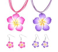 UKCOCO Lot de Bijoux 6 Pièces Fleurs de Frangipanier Hawaïennes en Argile Collier Violet et Rose Fuchsia X2 Boucles d'Oreilles Pendantes X2 Léger Fêtes Plage