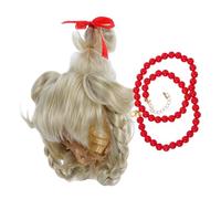 UKCOCO Perruque Blonde Longue Tressée avec Noeud Rouge Perruque Déguisement Noël Halloween Accessoires Coiffure Cosplay Filles Femmes