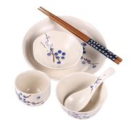 UKCOCO Set de Vaisselle Japonaise en Céramique 6 Pièces Personne, Design Fleur de Prunier, Service Complet Bol, Assiette, Tasse, Cuillère et Baguettes