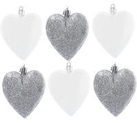 UKDeals Direct® Lot de 6 boules de Noël en forme de cœur à paillettes pour sapin de Noël Argenté et blanc pailleté