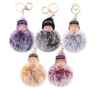 Ukerdo Mignon Duveteux Endormi Bébé Poupée Porte-clés Pompom Femmes Voiture Extérieur Métal Sac à Dos Téléphone Pendant - 5 PCS