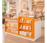 UKETO Comptoir d’Accueil avec Étagères et Rangement, Comptoir Caisse Magasin pour Boutique, Salon, Librairie, Commerce et Espace Réception Moderne(White+Orange Left,100cm/39.4")