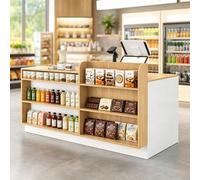 UKETO Comptoir d’Accueil avec Étagères et Rangement, Comptoir Caisse Magasin pour Boutique, Salon, Librairie, Commerce et Espace Réception Moderne(White+Beige Left,100cm/39.4")