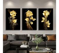 UKIXOM Peintures sur toile noires avec roses dorées, style nordique moderne, décoration murale pour salon (40 x 50 cm, 3 cadres intérieurs)