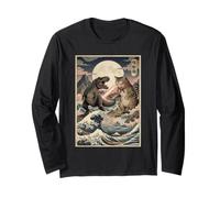 Ukiyo-e Cat vs T-Rex Art Japonais Bataille Grande Vague Manche Longue