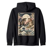 Ukiyo-e Cat vs T-Rex Art Japonais Bataille Grande Vague Sweat à Capuche