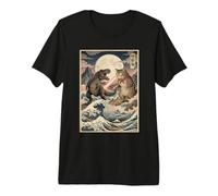 Ukiyo-e Cat vs T-Rex Art Japonais Bataille Grande Vague T-Shirt Haut de Gamme