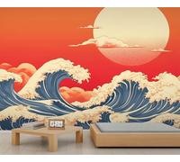 Ukiyo-E - Papier peint mural vagues de style japonais, papier peint soleil rouge pour chambre d'enfant, salon, canapé, arrière-plan TV - 390 x 260 cm