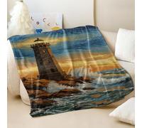 Ukiyo-e Style Couverture en flanelle imprimée Vagues de l'océan Bleu Motif phare romantique Couvre-lit doux et confortable pour décoration de lit et canapé (01, 150 x 200 cm)