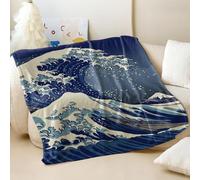 Ukiyo-e Style Couverture en flanelle imprimée Vagues de l'océan Bleu Motif phare romantique Couvre-lit doux et confortable pour décoration de lit et canapé (05, 100 x 150 cm)