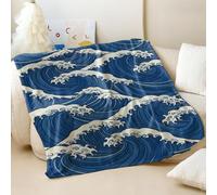 Ukiyo-e Style Couverture en flanelle imprimée Vagues de l'océan Bleu Motif phare romantique Couvre-lit doux et confortable pour décoration de lit et canapé (02,75 x 100 cm)