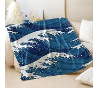 Ukiyo-e Style Couverture en flanelle imprimée vagues de l'océan - Couverture douce et confortable pour décoration de lit et de canapé - Motif phare romantique - Bleu - 04,75 x 100 cm