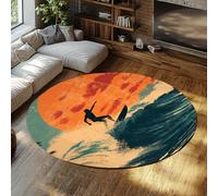 Ukiyo-E Style Tapis Ronds Surfer Océan Coucher de Soleil Art Abstrait Grand Décor Intérieur Antidérapant Tapis pour Salon Table À Thé Canapé Tapis De Sol À Pou 160x160cm