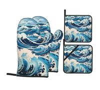 Ukiyo-e Style Waves Kit de cuisson durable avec gants de four et maniques étanches et résistants à la chaleur