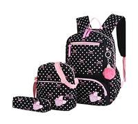 UKKD Sac d'école 3Pcs Cartable Pression pour Fille Adolescente Cartable Sacs À Dos De Mode pour Les Enfants Voyage Sac Noir Bagpack,Black-1