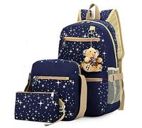 UKKD Sac d'école 3Pcs / Set Sac À Dos École Étoile Femmes Impression Sacs À Dos Mignon avec des Ours pour Les Jeunes Filles Sacs À Dos De Sac De Voyage,Bleu Profond