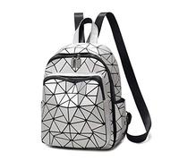 UKKD Sac d'école Femmes Lumineux Mode Géométrique Plaid Sacs À Dos Pliant Gloss Holographic Sac De Voyage Femme Étudiant,Argent
