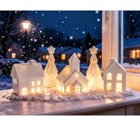 Ulable Ensemble de village de Noël en céramique - 3 maisons blanches & 2 arbres avec neige - Décoration de Noël artisanale pour table, cheminée ou décoration sous le sapin - Village de Noël rustique