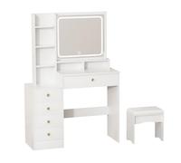 ulafbwur Table de Table vanité Blanche vanités Maquillage avec Miroir et lumière, 5 tiroirs étagères Rangement, Bureau Tabouret, Cadeau pour Les Blanc UE