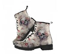 Ulalaza Bottes Courtes imprimées pour Femmes Automne et Hiver Bottes de Combat à Lacets Bottes de Cheville Tête de Mort Rose Motif de Dessin animé Cadeaux pour Filles Femmes