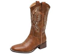 Ulalaza Bottes pour femmes Bottes de cowboy occidentales Talon épais Bottes mi-mollet brodées Bottes à bout pointu Bottes formelles Bottes au genou à bout carré Bottines courtes