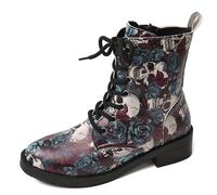 Ulalaza Bottes pour Femmes Bout Rond Talons Bloc Bottines Plateforme Gothique À Lacets Punk Bottes De Combat De Moto en Cuir Imprimé Multicolore Grosses Bottes Courtes