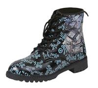 Ulalaza Bottes pour Femmes Bout Rond Talons Bloc Bottines Plateforme Gothique À Lacets Punk Bottes De Combat De Moto en Cuir Imprimé Multicolore Grosses Bottes Courtes