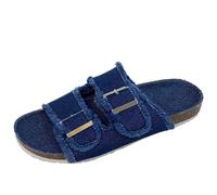 Ulalaza Claquettes en jean décontractées en tissu jean pour femme - Mules plates à bout ouvert - Sabots à plateforme - Sandales bohème antidérapantes - Dos nu - Mocassins à enfiler - Tongs de marche