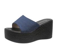 Ulalaza Claquettes en jean décontractées en tissu jean pour femme - Mules plates à bout ouvert - Sabots à plateforme - Sandales bohème antidérapantes - Dos nu - Mocassins à enfiler - Tongs de marche