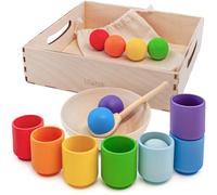 Ulanik Balles dans des Gobelets Arc-en-Ciel Jouet Montessori 1 an | Jeu de tri en bois ouvert; 7 couleurs vives; plateau et sac pour rangement facile