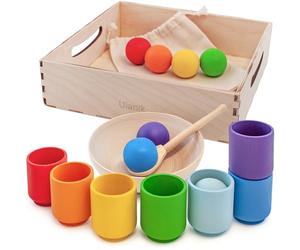 Ulanik Balles dans des Gobelets Arc-en-Ciel Jouet Montessori 1 an | Jeu de tri en bois ouvert; 7 couleurs vives; plateau et sac pour rangement facile