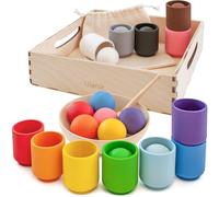 Ulanik Grosses Balles dans des Tasses Jeux Montessori 1 an + Educatif Motricite Sensorielle Bebe Jouet en Bois pour Apprentissage du Comptage et de Tri Couleur - 12 Boules