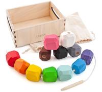 Ulanik Perles de Laçage, Jeux Montessori 3 Ans +, Jeu de Construction, Module Motricité Bébé, Apprendre a Compter et de Tri Couleur - 12 Pierres D'empilage en Bois