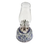 ULDIGI Lampe à Huile de Table en Céramique Bleu Blanc Motif Lotus, Petite Lanterne Décorative Intérieure pour Salon, Chambre ou Camping, Lampe à Beurre Vintage Globe en Verre, Éclairage