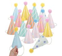 ULDIGI Lot de 16 Chapeaux D'anniversaire Coniques en Papier Colorés Pompon, Accessoires de Fête pour Garçon et Filles et Adultes, Décorations Réutilisables pour Anniversaire et Soirées