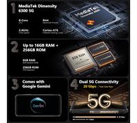 Ulefone Armor X16 Pro AI Smartphone Incassable Android 15, 5G Telephone 10360mAh, 16Go+256Go/TF 2To, 64MP+Vision Nocturne IP68 Telephone de Chantier ecran 6.56"" HD+/120Hz/Gemini AI/NFC/GPS