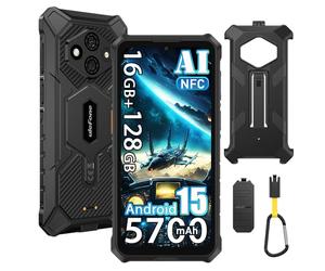 Ulefone RugKing 3 Pro Android 15 Téléphone Portable Incassable 4G, 5700mAh, 16Go+128Go/TF 2To Smartphone Incassable, 6,56" HD+ 120Hz, 48MP+8MP, 120LM Super Torch, 3 Slots/IP68/NFC/OTG/Avec étui, Noir