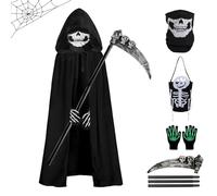 ULEMON Costume de faucheuse d'Halloween pour adulte, 5 pièces, cape à capuche noire avec fauchette, masque de crâne, gants squelette, sacs à bonbons, faucheuse de mort, accessoires de cosplay