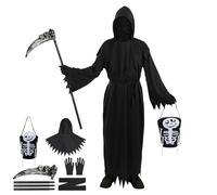 ULEMON Costume d'Halloween de faucheuse pour homme adulte - Robe noire effrayante avec faucheuse - Horreur - Fantôme - Tenue d'Halloween avec sac à bonbons squelette