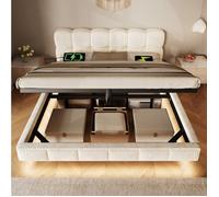 ULEVR Lit double coffre hydraulique 140 x 200 cm en chenille beige LED USB et USB Type-C sans matelas