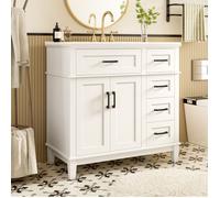 ULEVR Meuble sous vasque blanc laqué avec vasque céramique 5 tiroirs double porte pieds en bois massif 90 x 46 x 87 cm