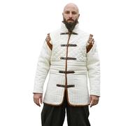 Ulfberth - Long gambeson avec boucles et manches amovibles - Wams médiévaux - Acétone pour jeux de rôle médiévaux - LARP, cosplay, reconstitution (naturel/marron avec détails en cuir, XL)